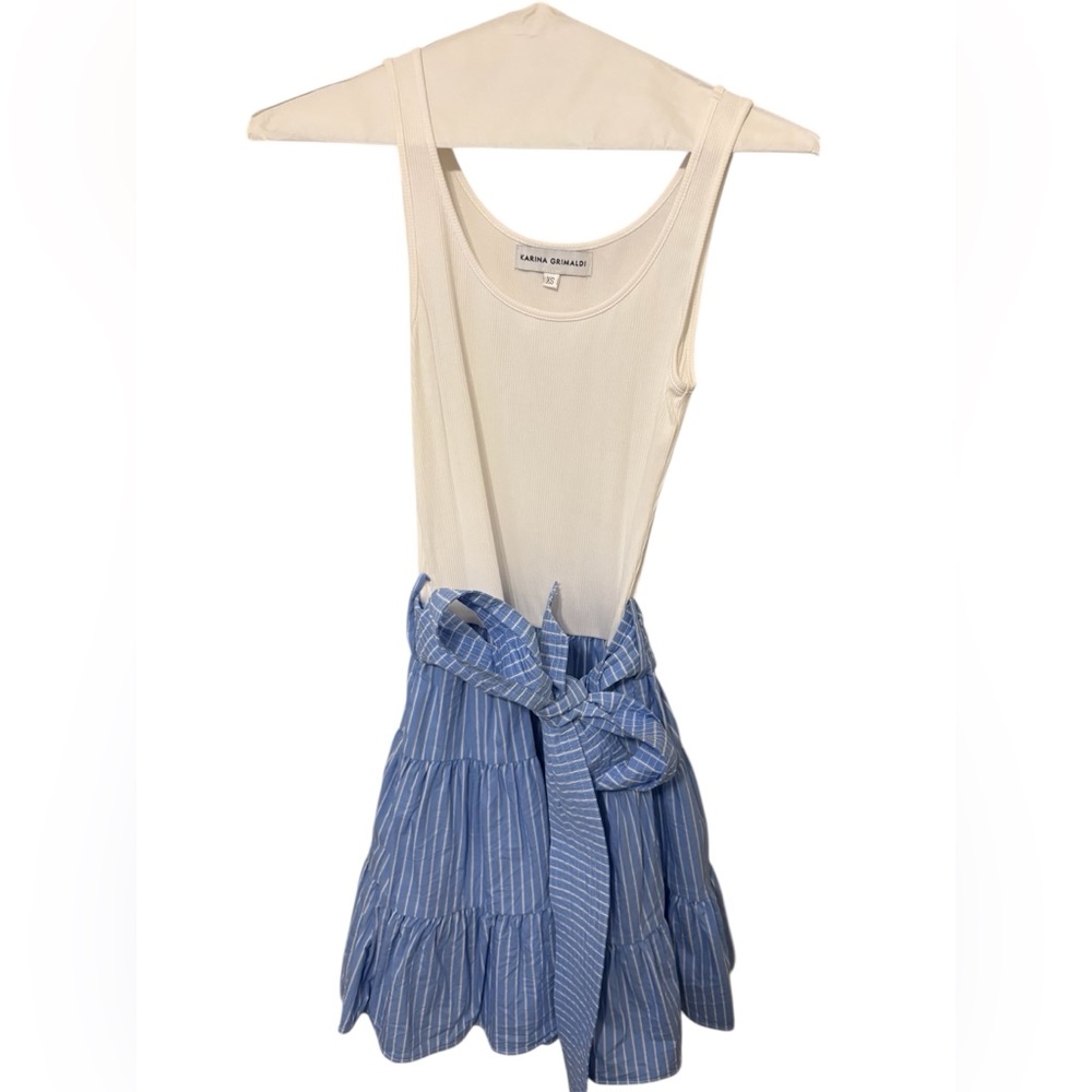 Karina Grimaldi Cream Ribbed Tank with Blue Striped Waist Tie Skirt